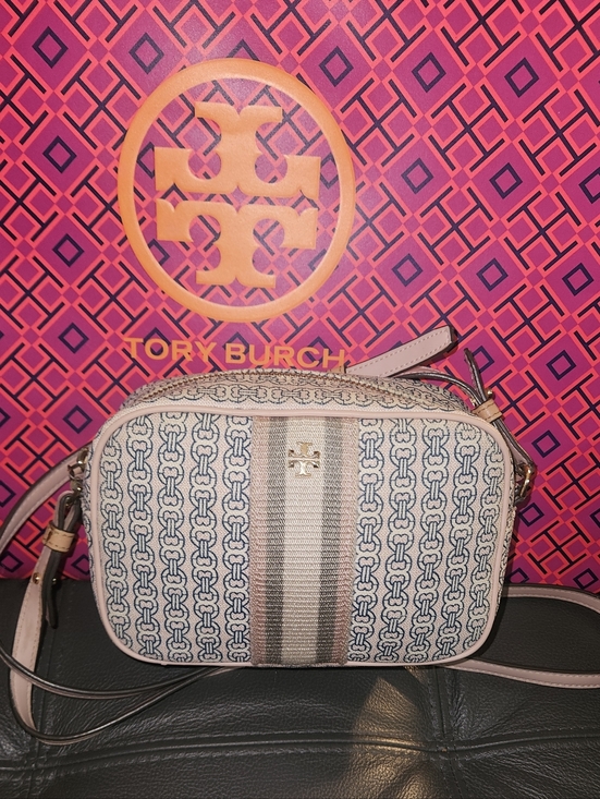 Tory Burch Handbags - Tory Burch Blue and Cream Striped Jacquard Crossbody Camera Bag